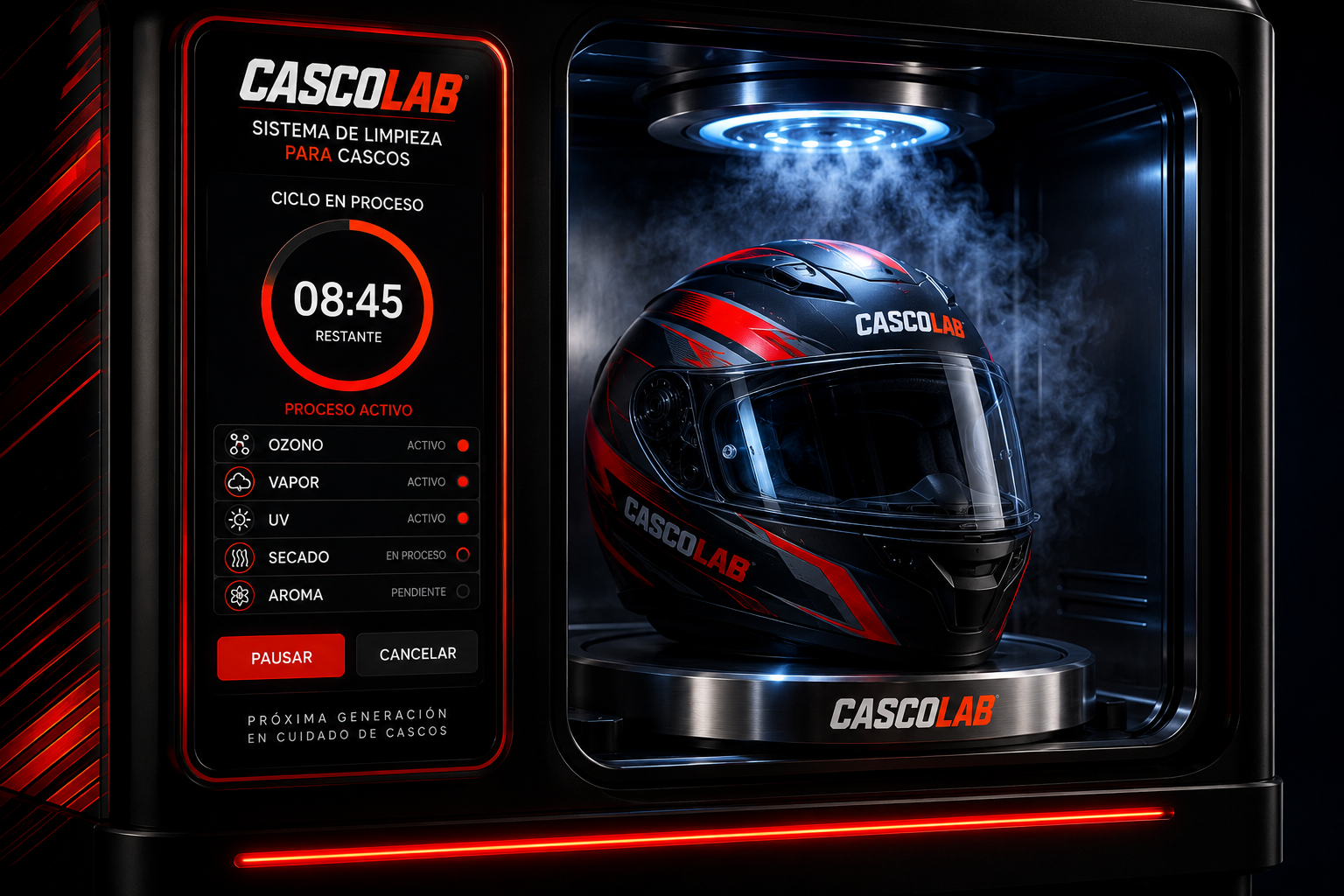 Máquina CASCOLAB en proceso: ozono, vapor y UV, listo en 8 minutos