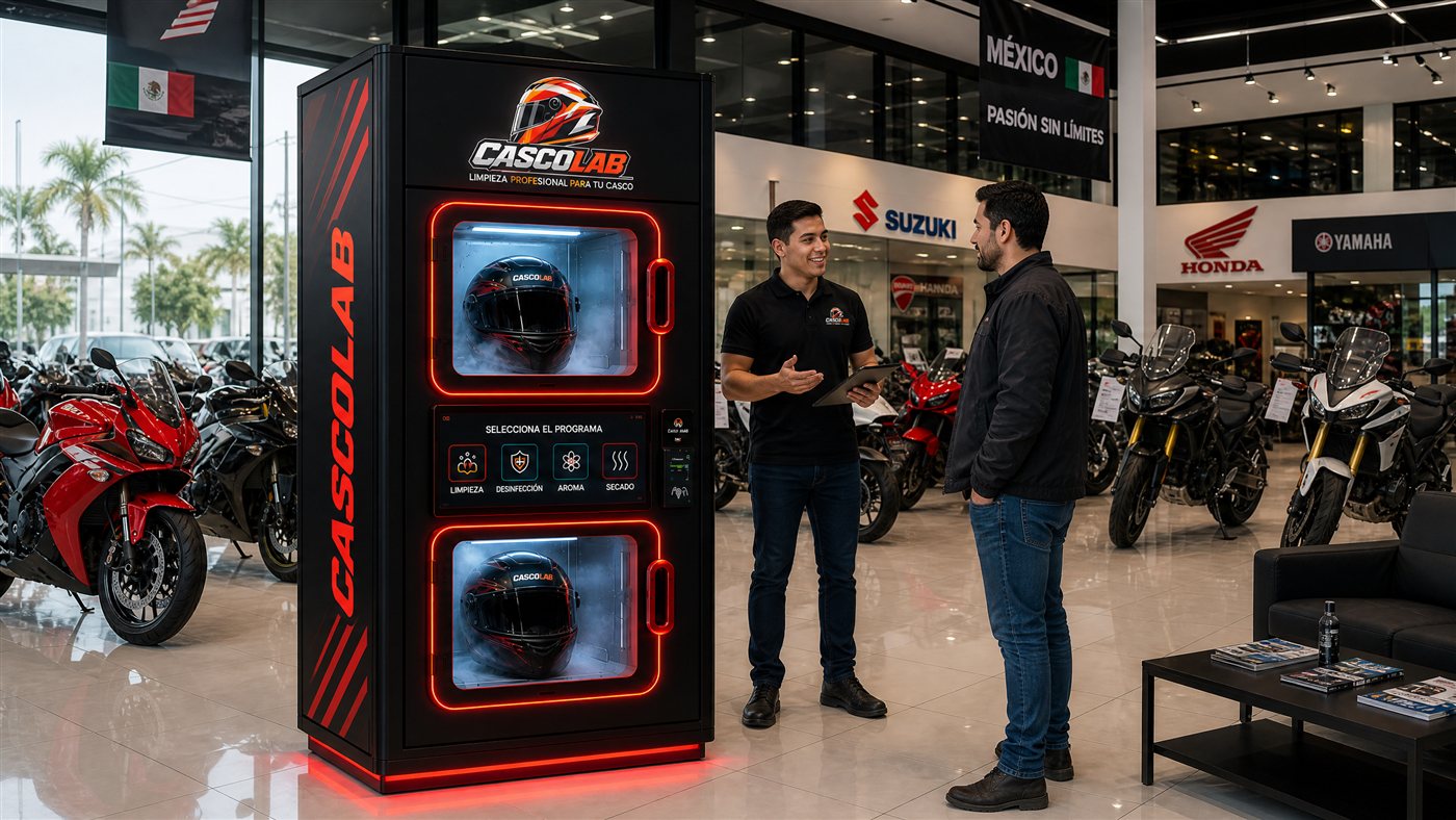 Máquina CASCOLAB en una agencia de motos con asesor y cliente
