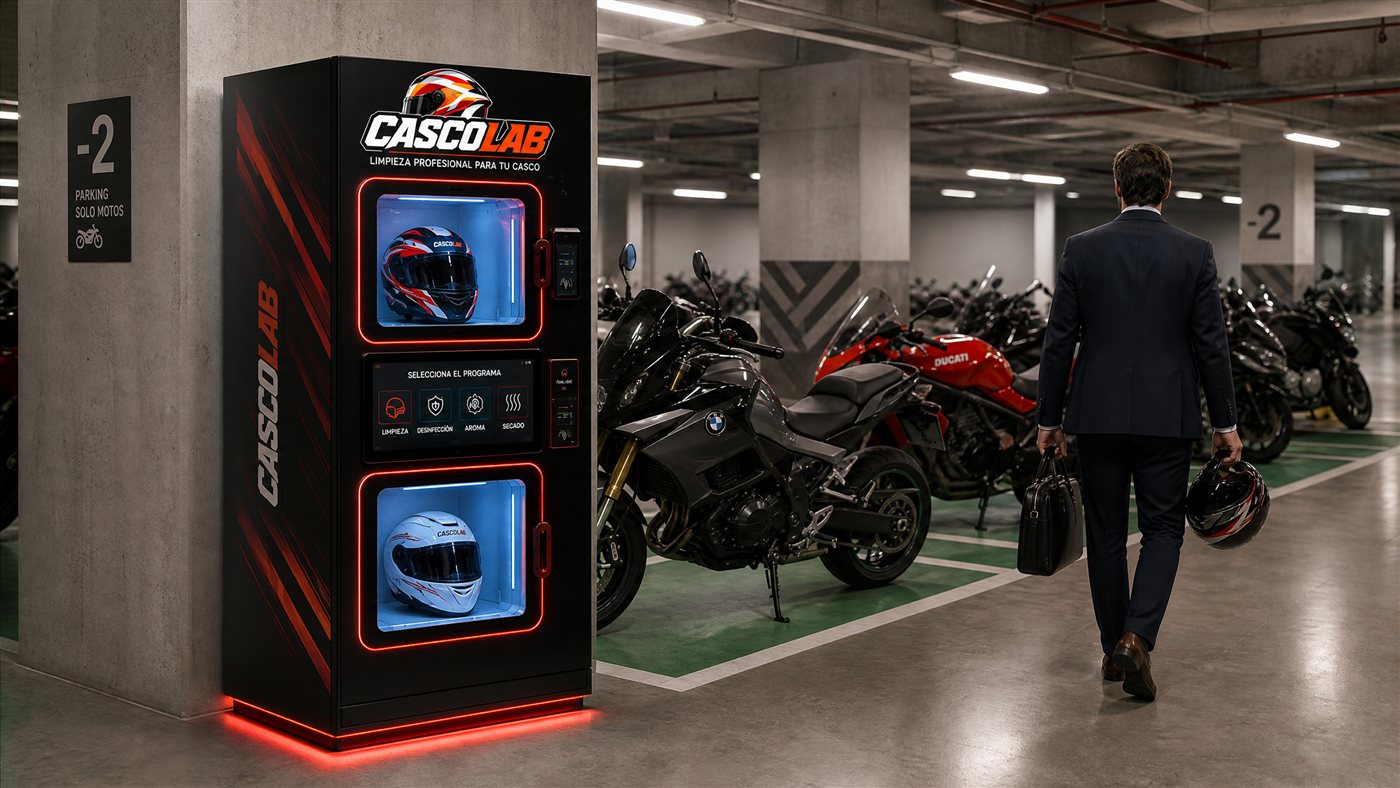 Máquina CASCOLAB en el estacionamiento de motos de una zona corporativa