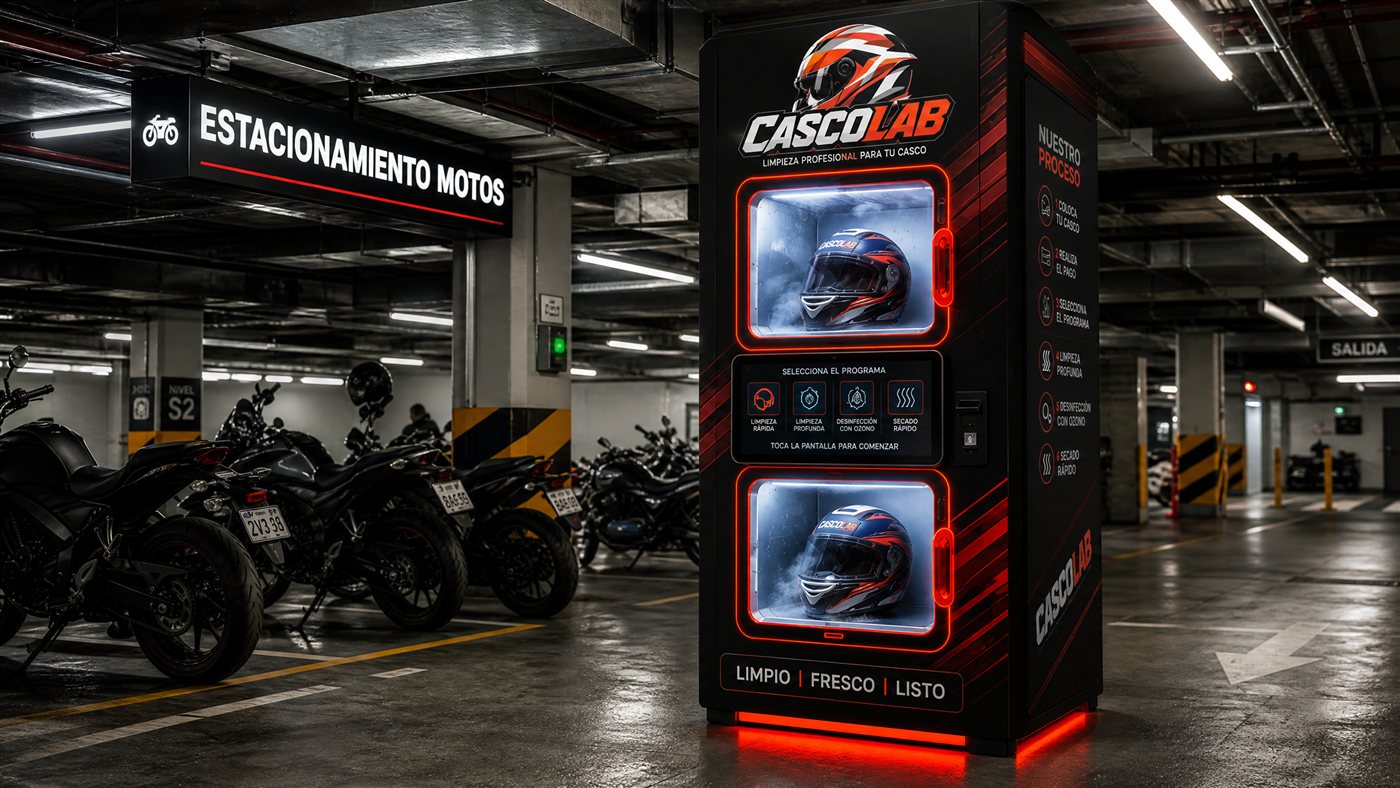 Máquina CASCOLAB en un estacionamiento de motos techado
