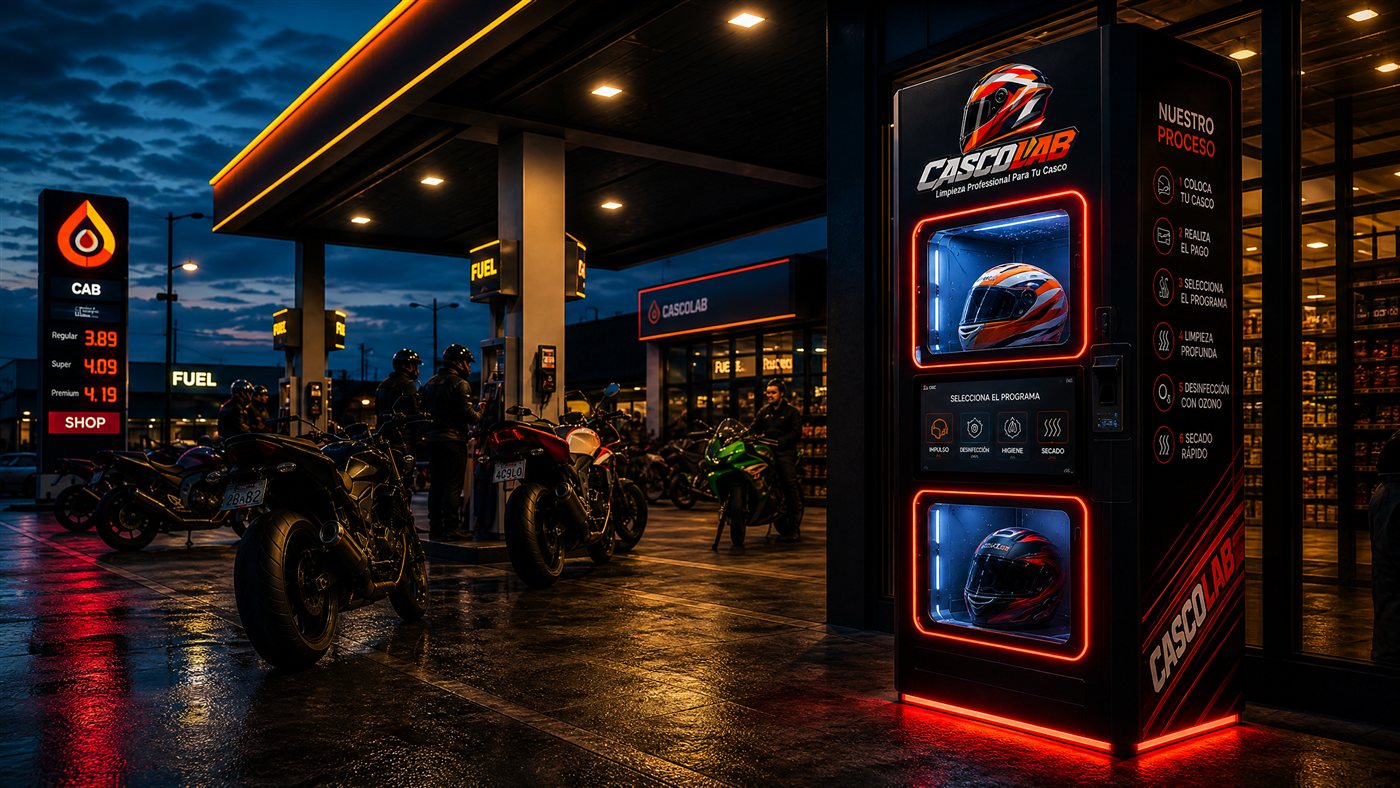 Máquina CASCOLAB en una gasolinería con motociclistas