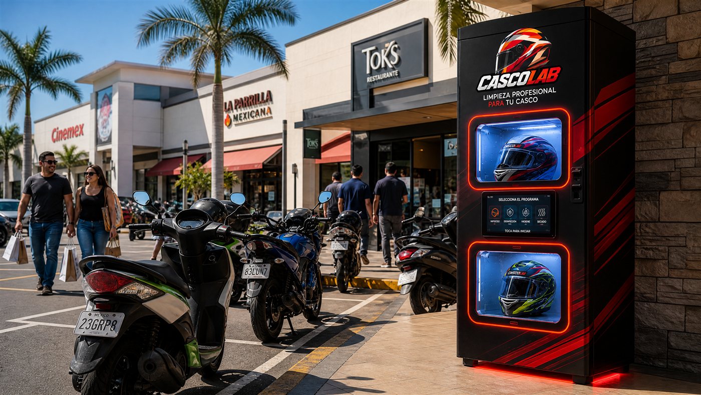 Máquina CASCOLAB en una plaza comercial con motos y visitantes