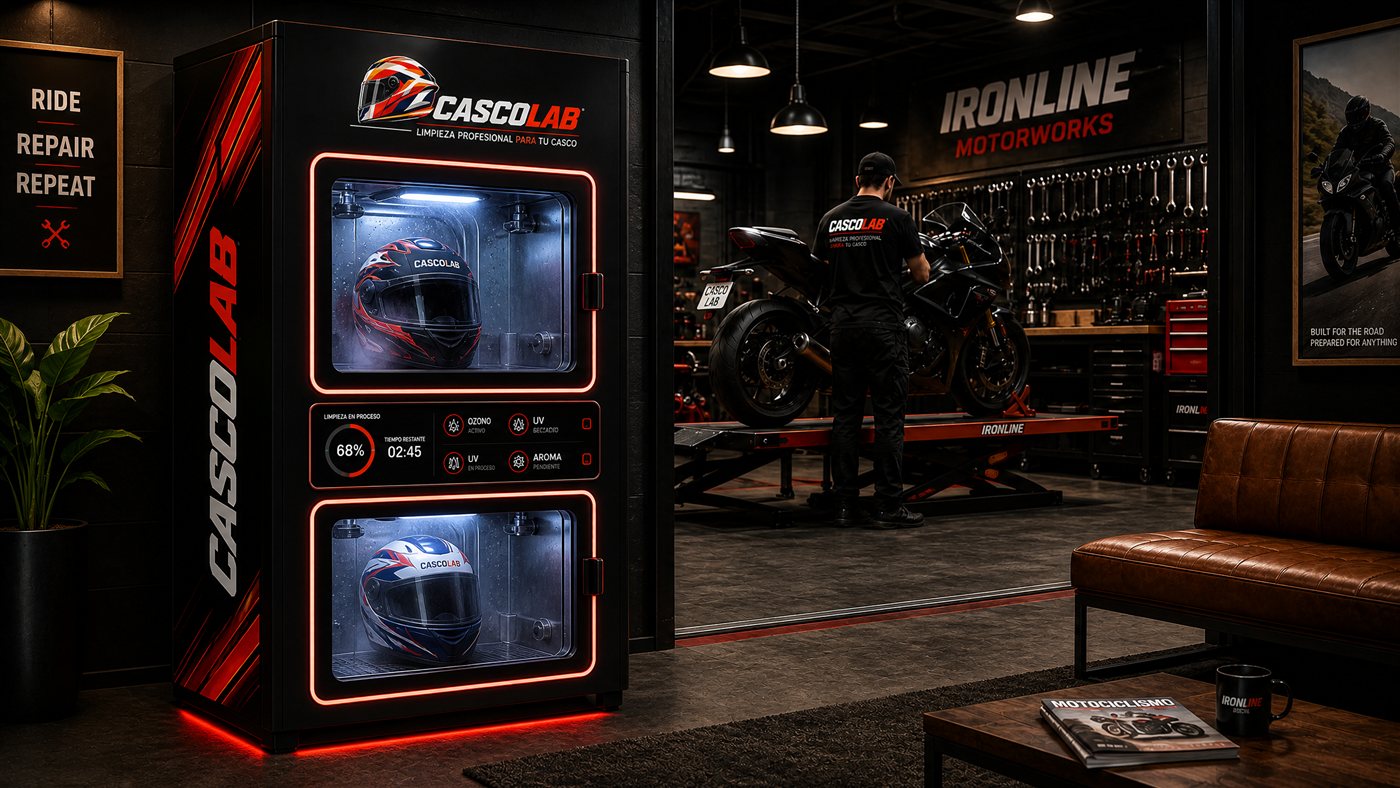 Máquina CASCOLAB en un taller mecánico de motos